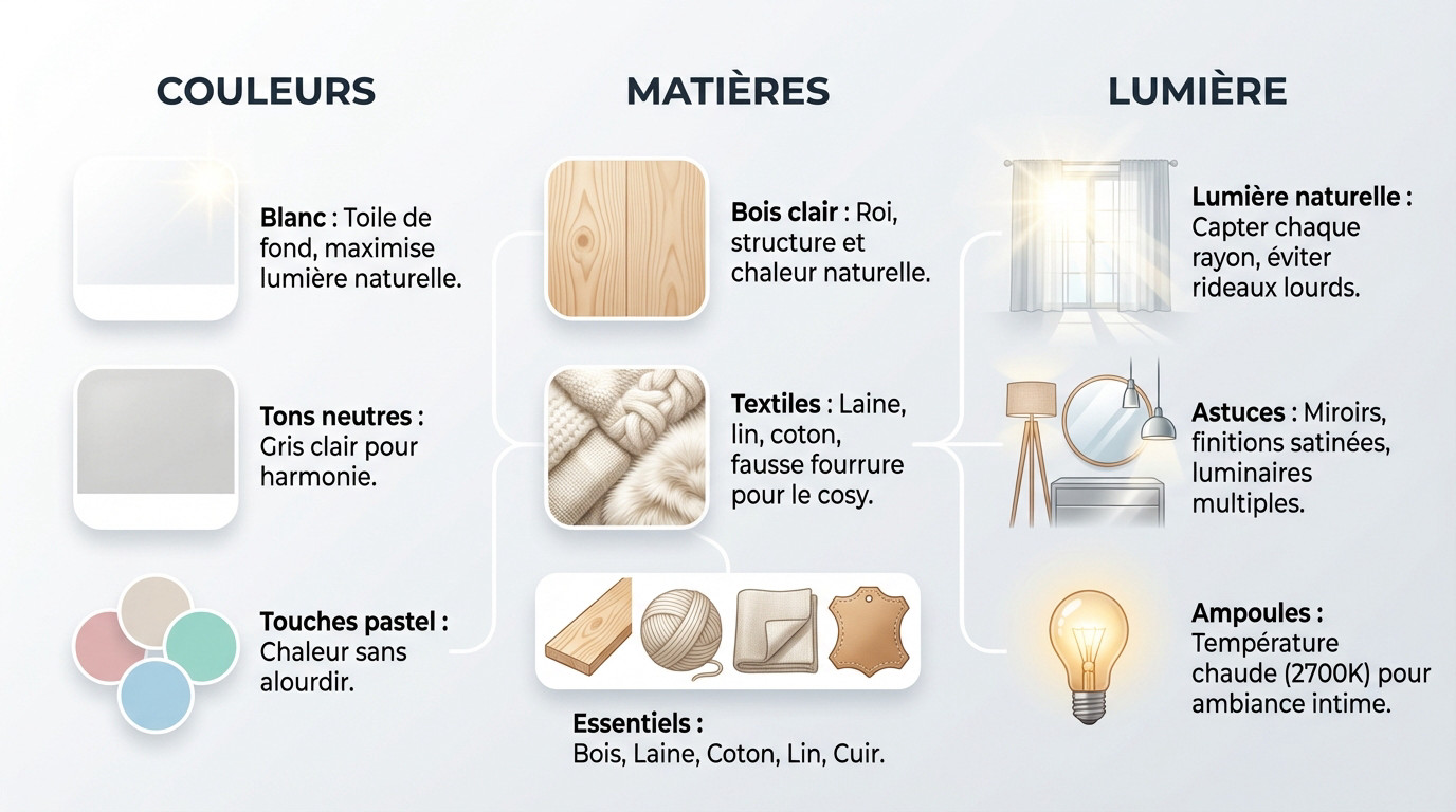 Infographie illustrant les principes clés de la décoration scandinave : palette de couleurs, matières naturelles et gestion de la lumière