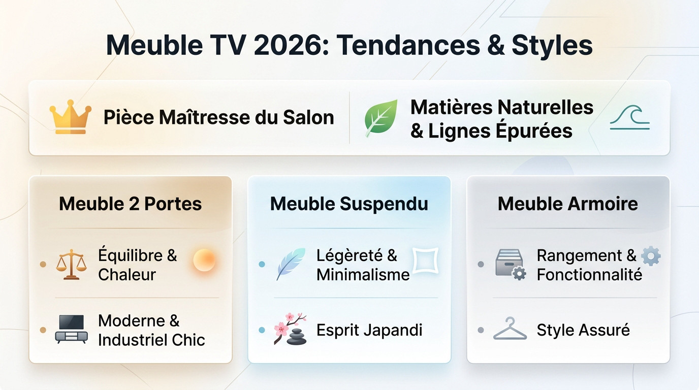 Salon moderne avec meuble TV tendance 2026 aux lignes épurées et matériaux naturels