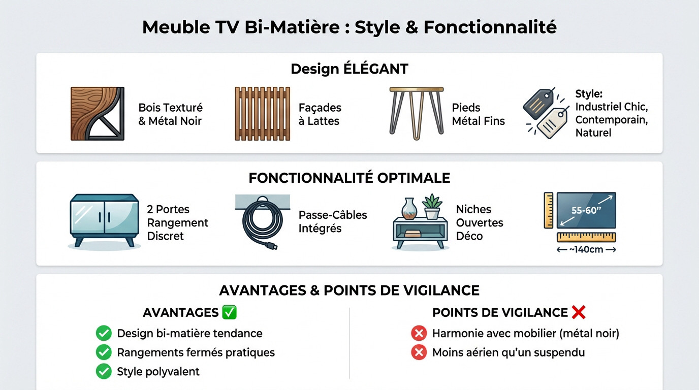 Meuble TV bi-matière bois et métal avec façade à lattes dans un salon contemporain